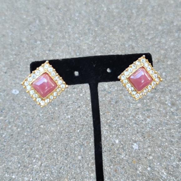 Vtg Pink Gemstone Crystal Square Earrings - Picture 7 of 8